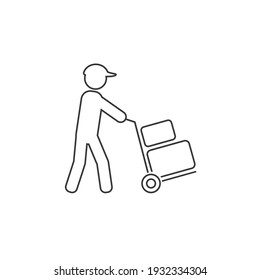 Mover Pushing Moving Hand Truck Or Dolly With Boxes Flat Vector Line Icon For Apps And Websites