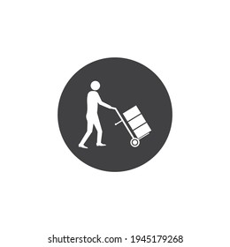 Mover pushing moving hand truck or dolly with boxes flat vector icon.