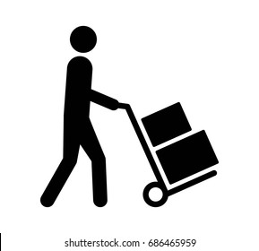 Mover Pushing Moving Hand Truck Or Dolly With Boxes Flat Vector Icon For Apps And Websites