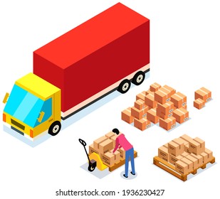 Mover puts boxes with parcels into wagon. Loading car before shipping. China delivery truck