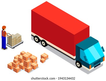 Mover puts boxes with parcels into wagon. Loading car before shipping. China delivery truck