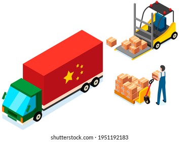 Mover puts boxes with parcels into wagon. Loading car before shipping. China delivery truck