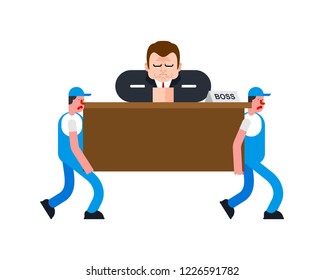Movers and boss on table. Porters carry Businessman at desk. Delivery service. Loader mover man holding. Moving Vector illustration