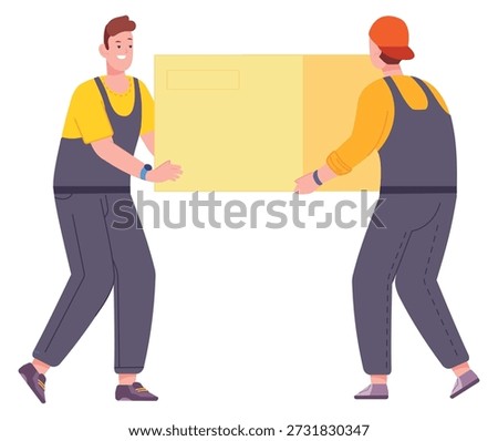 Movers carry cardboard box. Delivery service. Warehouse workers