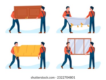 Movers carry different loads. Man in overalls moving doors and windows. Bathtub and couch. House repair. Bath and sofa renovation. Furniture transportation vector set