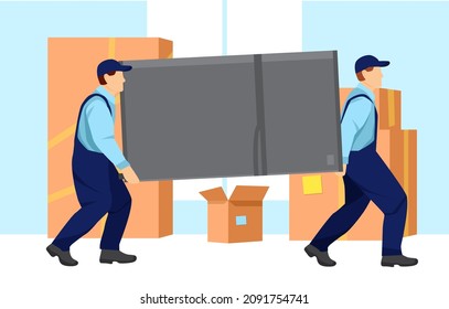 Movers carry a heavy refrigerator. Boxes with things are standing near the wall. Relocation. Transport company. Moving service. Cartoon vector illustration in flat style.