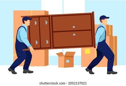 Movers carry a heavy wardrobe. Boxes with things are standing near the wall. Relocation. Transport company. Moving service. Cartoon vector illustration in flat style.