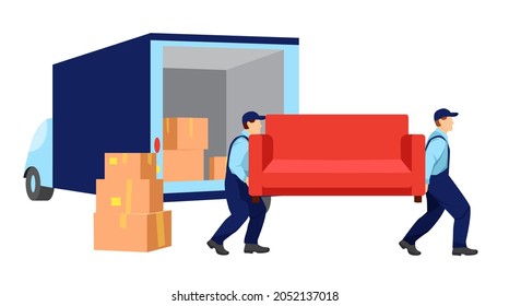 Movers carry a sofa. Boxes with things and truck are standing nearby. Relocation. Transport company. Moving service. Cartoon vector illustration in flat style.