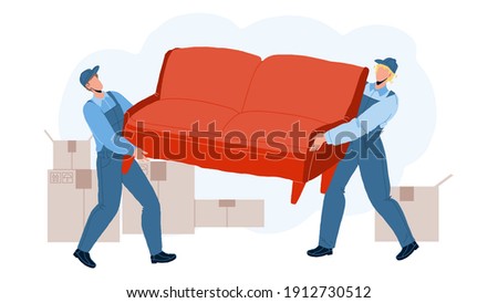 Movers Carry Sofa And Move To New House Vector. Transportation And Move Service Workers Men Moving Couch And Boxes. Characters Carrying Furniture And Cardboards Flat Cartoon Illustration