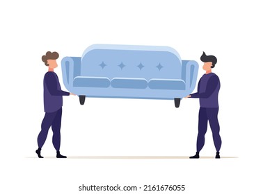 Movers Or Couriers Carry A Sofa. The Concept Of Delivering Parcels To Home Or Moving House. Cartoon Style. Vector Illustration. Isolated.