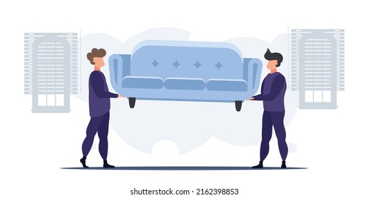 Movers Or Couriers Carry A Sofa. The Concept Of Delivering Parcels To Home Or Moving House. Cartoon Style. Vector Illustration.