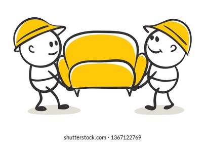 Movers. Funny little men carry a sofa, vector illustration. 