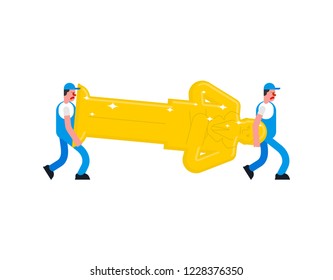 Movers and Golden statue boss. Porters carry Gold sculpture. Delivery service. Loader mover man holding. Moving Vector illustration