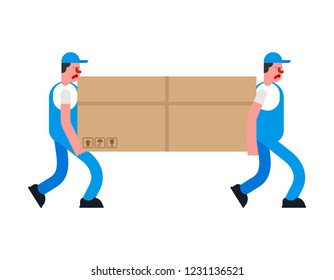 Movers and large box. Porters carry box. Delivery service. Loader mover man holding. Moving Vector illustration