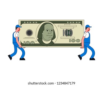 Movers and large money. Porters carry Big dollar. Delivery service. Loader mover man holding. Moving Vector illustration