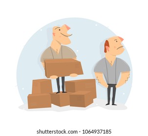 Movers load boxes. Delivery service. Cartoon character funny and comic style.