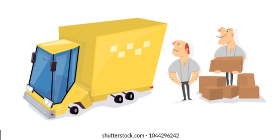 Movers load boxes into a truck. Transport service. Cartoon character funny and comic style.