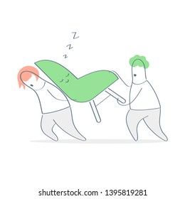 Movers or loader workers help with cargo, two movers carrying an arm chair. Home moving and delivery. Cute flat outline vector on white background.