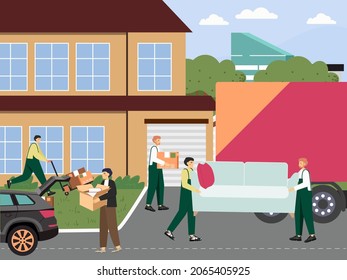 Movers Loading Moving Truck With Cardboard Boxes, Carrying Sofa, Flat Vector Illustration. Relocation Company Services.