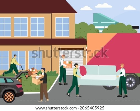 Movers loading moving truck with cardboard boxes, carrying sofa, flat vector illustration. Relocation company services.