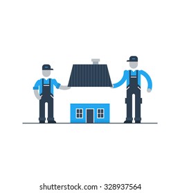 Movers and roof repair, home improvement services, house building workers, season renovation vector illustration