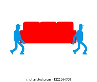 Movers and sofa. Porters carry couch. Delivery service. Loader mover man holding. Moving Vector illustration