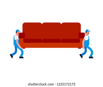 Movers And Sofa. Porters Carry Couch. Delivery Service. Loader Mover Man Holding. Moving Vector Illustration