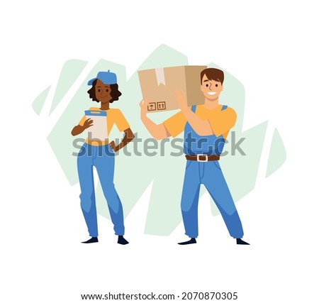 Movers team with cardboard box, black female and strong white man isolated on white background. Moving, removal and delivery company characters. Cartoon vector illustration.