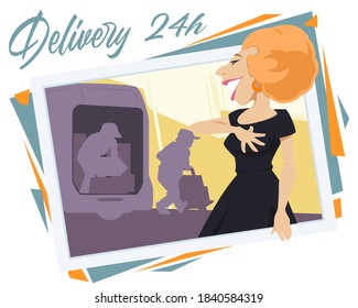 Movers unload boxes. Happy woman near delivery car. Funny people. Stock illustration.