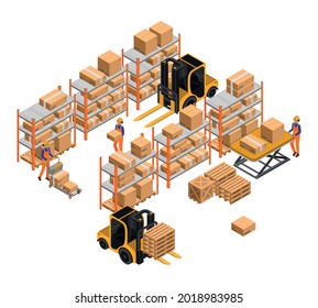 Movers use forklift trucks to move cardboard boxes inside the warehouse vector isometric illustration