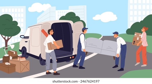 Movers at work. Delivery service. Family moving to new home. Workers loading furniture into truck. People carrying things boxes. Loaders holding sofa. Garish vector