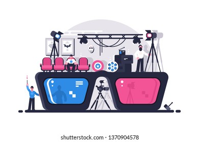 Movie 3d glasses vector illustration. Giant cinema googles with different lens of various color. Few people sitting and walking near big spectacles flat style design. Film night concept