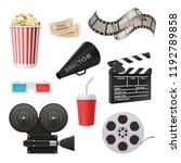Movie 3d icons. Camera cinema stereo glasses popcorn clapper and megaphone for film production vector realistic pictures. Cinema clapper, video reel and popcorn illustration