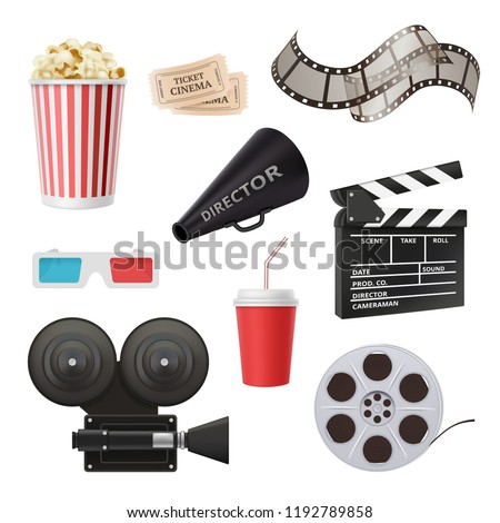 Movie 3d icons. Camera cinema stereo glasses popcorn clapper and megaphone for film production vector realistic pictures. Cinema clapper, video reel and popcorn illustration