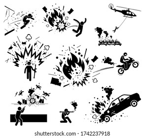 Movie Action Hero Bomb Explosion Scene. Vector Of Man Escape From Bomb Explosion With Motorcycle, Jump Away, Hang On Helicopter, And Smash Through Glass. Hero Destroy Things With Bazooka Bomb And Gun.