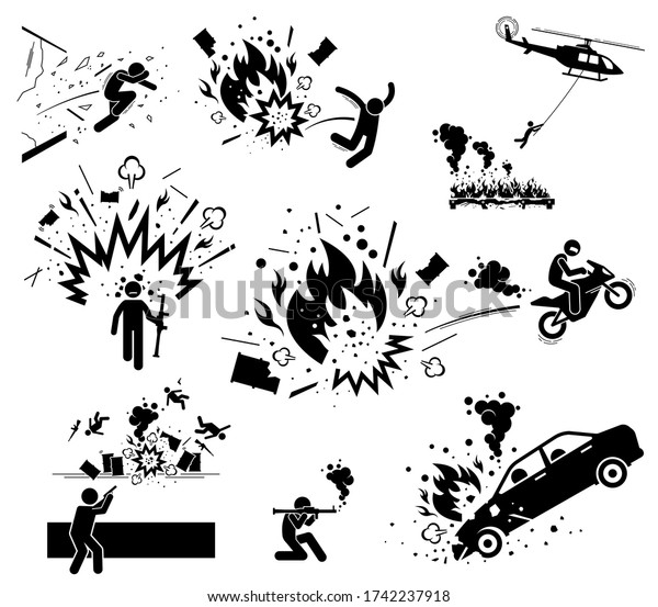 Movie action hero bomb explosion scene. Vector of\
man escape from bomb explosion with motorcycle, jump away, hang on\
helicopter, and smash through glass. Hero destroy things with\
bazooka bomb and gun.