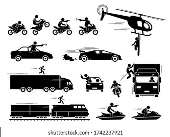 Movie Action Hero Car Motorcycle Chase Scene. Vector Of People Chasing And Shooting With Gun At Car, Motorcycle, And Jet Ski. Stunt Man Hanging On Helicopter And Running On Top Of Train And Truck.