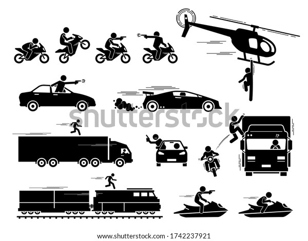 Movie action hero car motorcycle chase scene.\
Vector of people chasing and shooting with gun at car, motorcycle,\
and jet ski. Stunt man hanging on helicopter and running on top of\
train and truck.