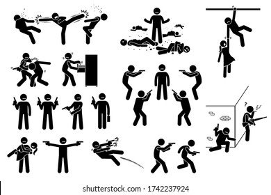 Movie Action Hero Fight Scene. Vector Clipart Of Man Fighting Many Bad People. He Is Surrounded But Beat The Gangs. The Stick Figure Action Hero Use Gun In Different Poses. He Is Strong And Skillful. 