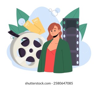 Movie actress with film reel. Young girl near film equipment. Movies and series production. Entertainment and fun, leisure. Talented actress. Flat vector illustration