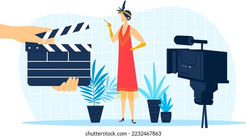 Movie actress at scene, clapper at film production, vector illustration. Cinema action at video entertainment, cinematography background.