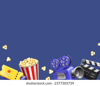 Movie advertising poster. Cinema background with popcorn bucket, film clapper and camera vector 3d illustration