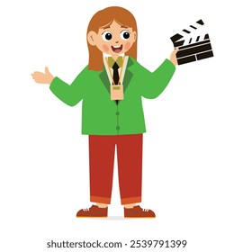 Conceito de assistência ao filme. Jovem menina clapperboard fogos tomar para câmera de filme. Gravação de vídeo, produção de filmes ou séries. Diretor no set ou assistente. 