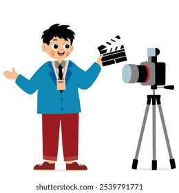 Conceito de assistência ao filme. Jovem clapperboard menino fogos tomar para câmera de filme. Gravação de vídeo, produção de filmes ou séries. Diretor no set ou assistente. 