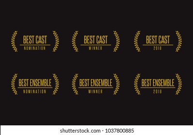 Movie award best ensemble cast acting vector illustration. Nomination winner laurel black and gold icon set