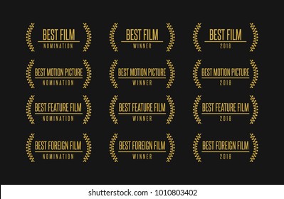 Movie award best feature film motion picture nomination winner gold vector logo icon set