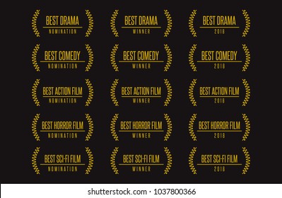 Movie award best feature film genres vector illustration. Drama comedy horror action sci-fi nomination winner logo icon set