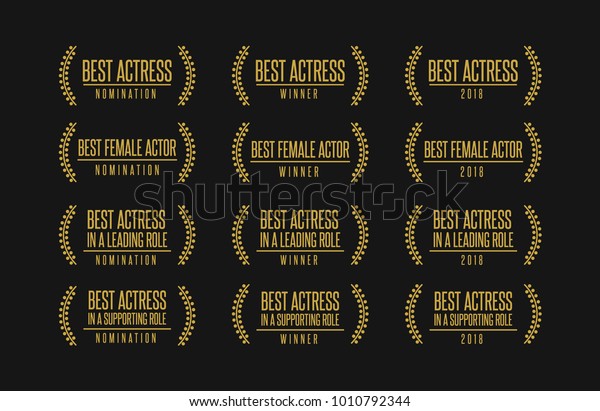 Movie award best leading supporting\
actress nomination winner black gold vector icon\
set