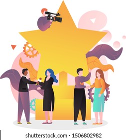 Movie award ceremony vector illustration. Huge gold star, film festival trophy and tiny characters with camcorder, microphone. Cinema industry, film award show concept for web banner, website page etc
