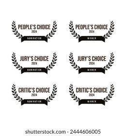 Movie award critic choice, people choice, jury choice  - nomination and winner, black and white vector icon set